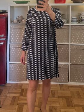 J. Crew Navy and White Geometric Long-Sleeve Shift Dress